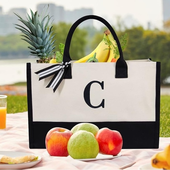 Black & White Personalized Initial Jute/Canvas Tote Bag - Picture 2 of 5